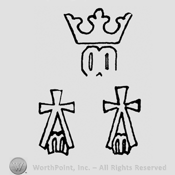 A crown above a double O and two split crosses with M
