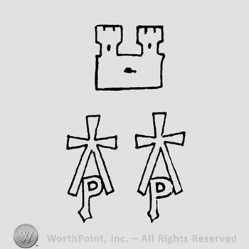 A castle with two towers above two split crosses with P