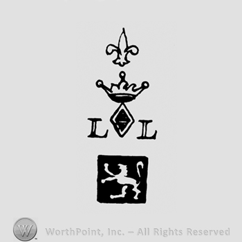 A fleur de lis above a crown above a rhombus and the initials L L and a square with a lion inside