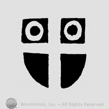 A shield with two stripes crossing it and two circles