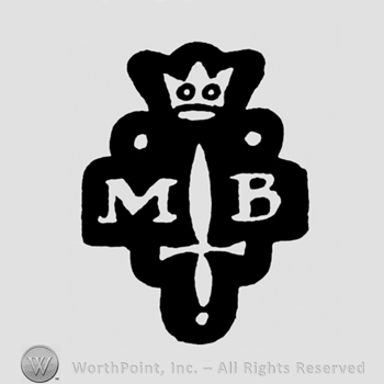 A crown above a sword and the initials M B