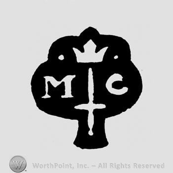A crown above a sword and the initials M C