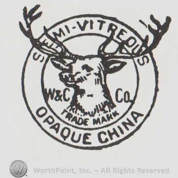 A deer head inside a double circle and SEMI VITREOUS OPAQUE CHINA TRADE MARK W & C CO