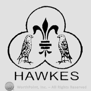 Two birds and fleur de lis in the middle;word Hawkes below.