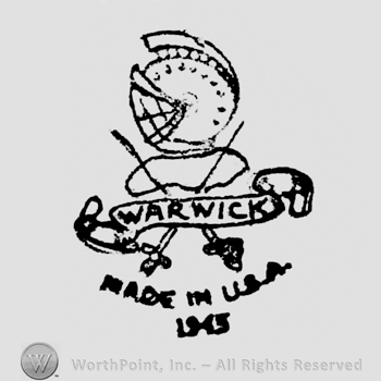 Helmet with crossed swords, a ribbon under with the writing "Warwick", curved writing Made in U.S.A. with year 1945 written under