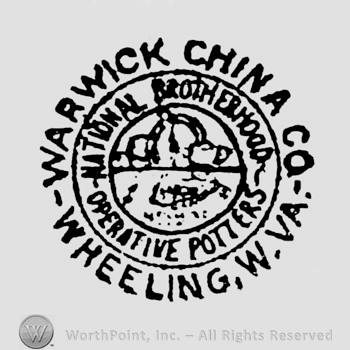 a drawing inside a round, curved writing inside the second round: National Brotherhood above, Operative Potters under, Warwick China Co. above, Wheeling.W.Va. Under