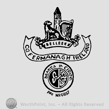 Dog and a tower with word Belleek below;Co.Fermana Ireland written;a circle at the bottom.