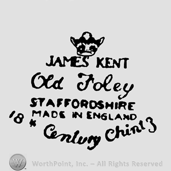 James Kent with crown on top;Old Foley Staffordshire Made in England in the center;18 century Chintz at the bottom.
