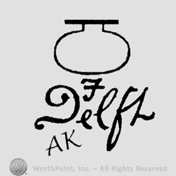 Vase on top of word Delft;letters AK