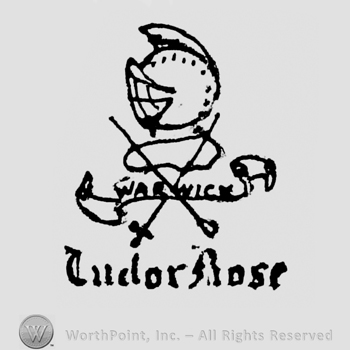 Helmet with crossed swords, a ribbon under with the writing "Warwick", and TUDOR ROSE written under with gothic letters