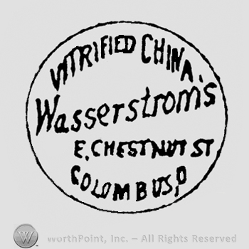 written inside a circle, on 4 lines, 1st is curved VITRIFLED CHINA, 2nd is slanted Wasserstrom's, E. CHESTNUT ST, last line is in an opposite curving COLUMBUS O