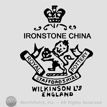 Crown with Ironstone China on top;lion and Royal Staffordshire Pottery below.