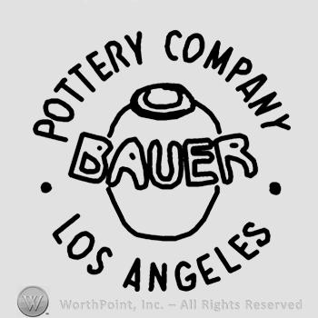 Vase with word Bauer in the middle;Pottery Company on top;los angeles at the bottom.