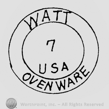 double circle, inside the small circle is the number 7 in the middle, on the bottom is written USA, on the top of the second circle is written WATT, on the bottom is written OVENWARE
