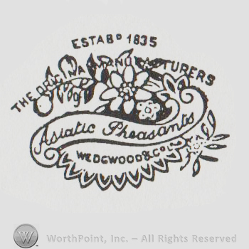 a banner with ASIATIC PHEASANTS and flowers and THE ORIGINAL WEDGWOOD & CO