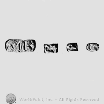 Symbol made from four pieces; An extreamly rare mark for a silversmith who created high quality "Georgian items" for the British and American Markets; Pseudomarks
British Silver, date letter, Sovereign&rsquo;s head, hallmark, duty mark, standard mark, Leopards head, makers mark, Lion passant, guardant, Britannia, Lozenge.