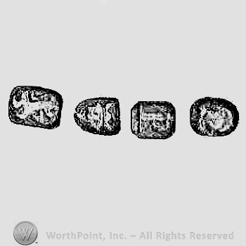 Four images: an animal, a mask, a sword and a shape; Pseudomarks
British Silver, date letter, Sovereign&rsquo;s head, hallmark, duty mark, standard mark, Leopards head, makers mark, Lion passant, guardant, Britannia, Lozenge.