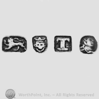 Four images: an animal, a mask, letter T, and another shape; Pseudomarks
British Silver, date letter, Sovereign&rsquo;s head, hallmark, duty mark, standard mark, Leopards head, makers mark, Lion passant, guardant, Britannia, Lozenge.