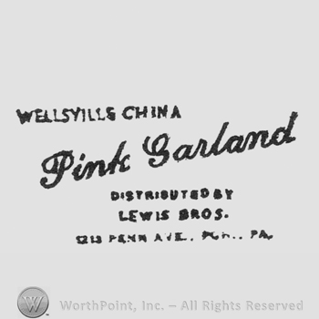 written in the middle in a slanted line Pink Garland, WELLSVILLE CHINA above on the left, DISTRIBUTED BY LEWIS BROS. written under on 3 lines