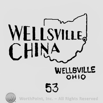 image of a state, WELLSVILLE CHINA, written on 2 lines on the left, WELLSVILLE OHIO on the right, number 53 under the image