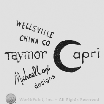 half moon, maybe a large C, in its continuing is "apri", on the left on 5 slanted lines are WELLSVILLE, CHINA CO, TAYMOR, Michael Cox, designs