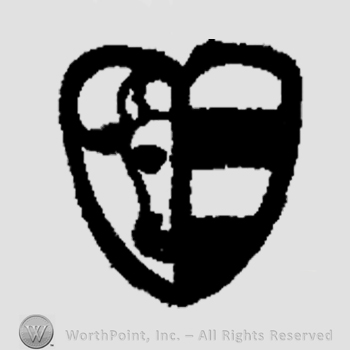 A shield split in two, left with half of an ox's head, right with stripes.