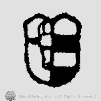 A shield split in two, left with half of an ox's head, right with stripes.