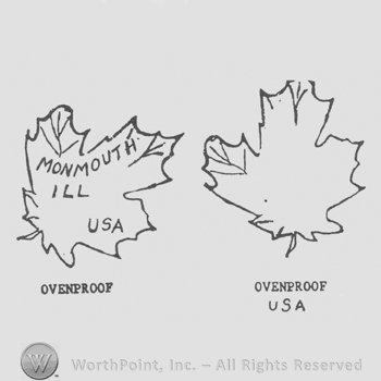 maple leaf, MONMOUTH ILL USA written inside, OVENPROOF written outside, under the leaf, next to a simple maple leaf with OVENPROOF USA written on 2 lines under the leaf