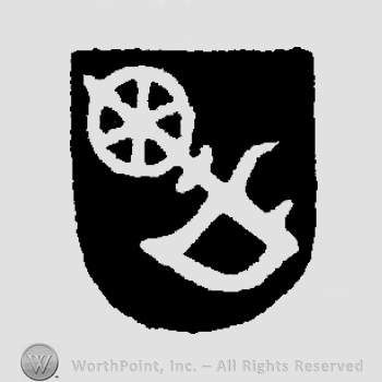 A shield with a sword and wheel.
