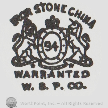 an oval with 94 inside, a crown above, a crowned lion on the left and an unicorn on the right surrounded by IRONSTONE CHINA WARRANTED W B P CO