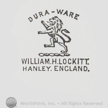 Lion in a prance position with the words DURA WARE above and WILLIAM H LOCKITT, HANLEY ENGLAND below.