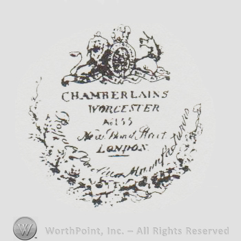 a lion and an unicorn with an oval that has a crown above and the text CHAMBERLAINS WORCHESTER LONDON surrounded by laurel branches