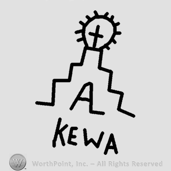 Letters AL inside a shape with a cross on top;word Kewa below.