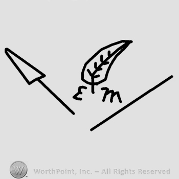 A feather and letters EM;an arrow.