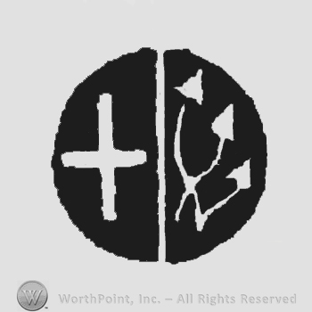 A circle split in two, cross on the left, flowers on the right.