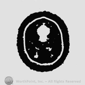A stylized crown over two scepters, inside an oval.