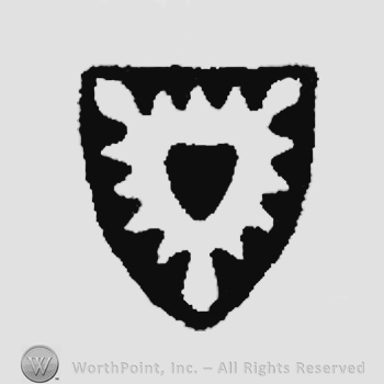 A shield with a circle in the center and three small arrows arising from it.
