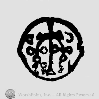 A circle with a cross, branches and letters CD in uppercase, reversed and mirrored.