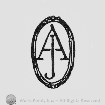 Monogram of letters A and J inside an oval.