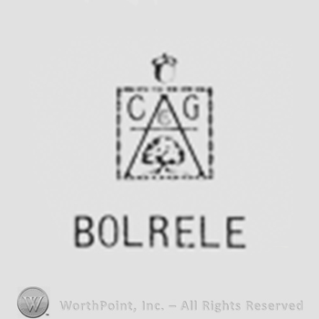 Triangle inside a square, also letters C and G, a tree and an accorn above; word BOLRELE written bellow.