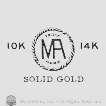 Monogram of letters M and A inside a circle; 10k written on the left and 14k written on the right; SOLID GOLD written under.