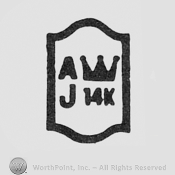 Letters AJ, a crown and 14k, all written inside a shape.