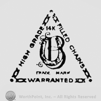 Letter B and a horseshoe, TRADE MARK written bellow; all inside a triangle formed by the words HIGH GRADE FILLED CHAINS WARRANTED 14K.