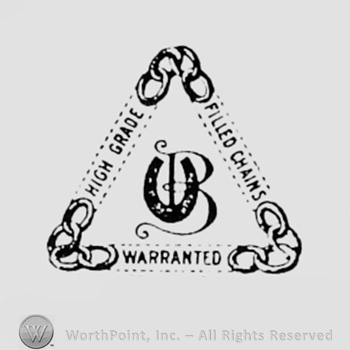 Letter B and a horseshoe, TRADE MARK written bellow; all inside a triangle formed by the words HIGH GRADE FILLED CHAINS WARRANTED 14K.