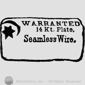 Words WARRANTED 14KT PLATE SEAMLESS WIRE; a crescent and a star, all inside a rectangle.