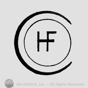 Monogram of letters H and F inside a circle, all inside letter C.