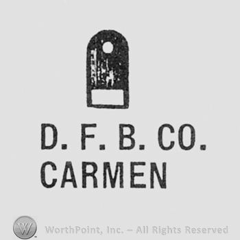 Letters D,F,B,Co and word CARMEN, written bellow a black shape like a dor.