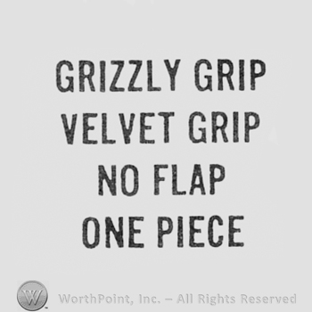 Words: GRIZZLY GRIP, VELVET GRIP, NO FLAP, ONE PIECE.