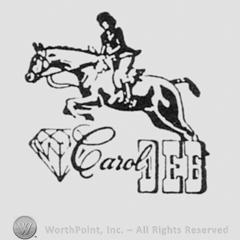 Rider and his horse jumping over a dioamond, word CAROL and letters DEB.