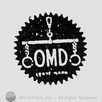 Letters OMD and a pair of chains, all inside a dark circle.